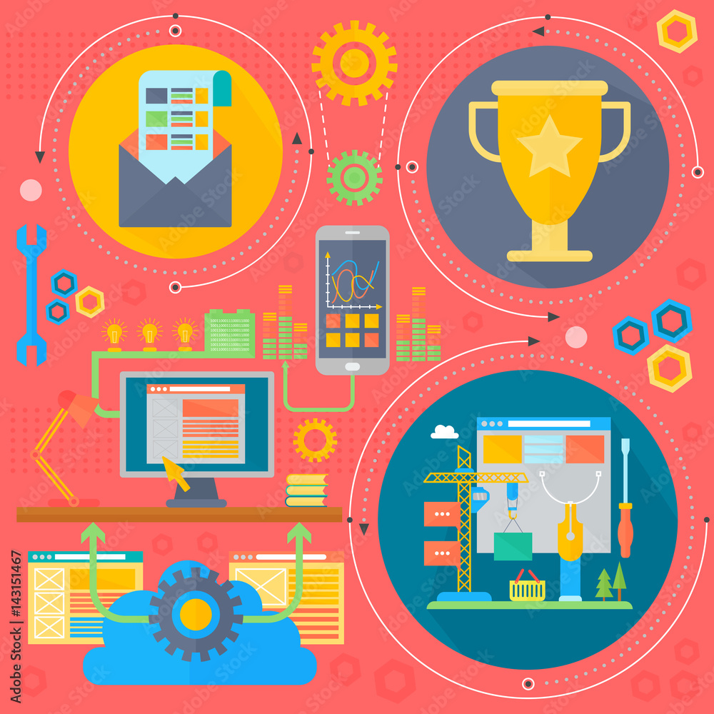 Poster seo and development concept design infographics template icons in circles design, seo optimization w