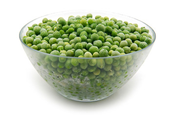 Green frozen peas. In a glass dish