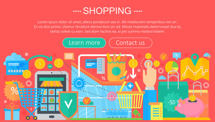 Shopping Online and E-Commerce Shopping concept. Online e commerce infographics template design, web header shopping icons elements. Vector illustration.