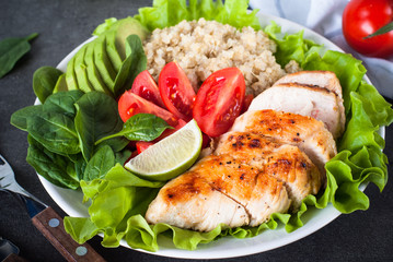 Fresh salad from quinoa, chicken breast, spinach, lettuce and tomatoes. Organic food. Healthy meal portion plate.