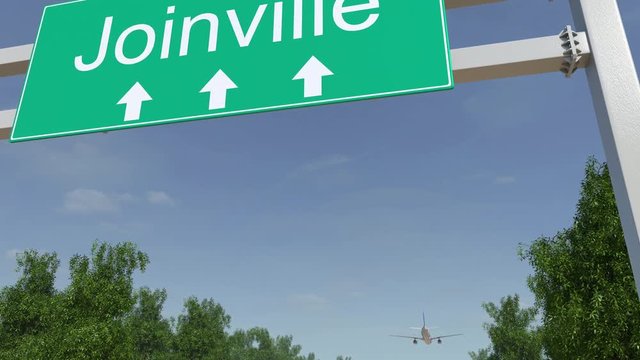 Airplane arriving to Joinville airport. Travelling to Brazil conceptual 4K animation
