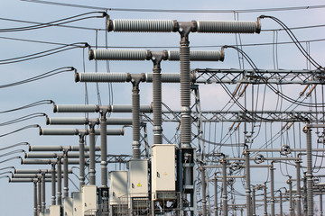 High voltage circuit breakers and insulated switchgear on electrical substation
