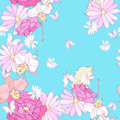 beautiful pink flowers , on a blue, pattern