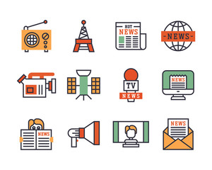 Hot news icons flat style colorful set websites mobile and print media newspaper communication concept internet information vector illustration.