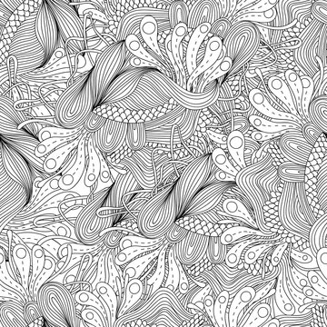 Vector doodle black and white abstract hand drawn background. Wavy zentangle style seamless pattern.