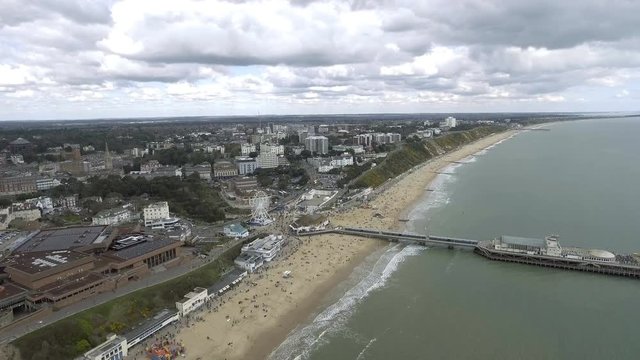 4K Ultra HD Aerial Footage of Bournemouth Cityscape featuring Beach and Pier with English Seaside Coast View