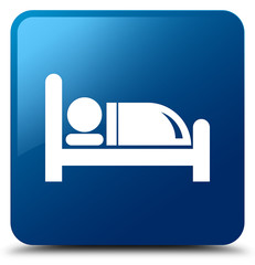 Hotel bed icon blue square button
