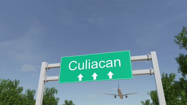 Airplane arriving to Culiacan airport. Travelling to Mexico conceptual 3D rendering