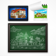 Child chalk hand drawing landscape with house on blackboard