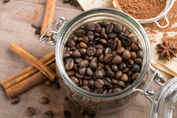 Closeup of a coffee beans in transparent jar
