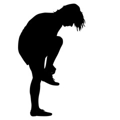 Black silhouette woman strikes up shoelace, people on white background
