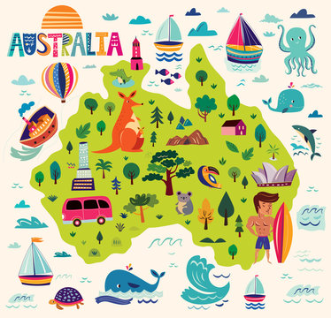 Illustration with Australian symbols. Map of Australia