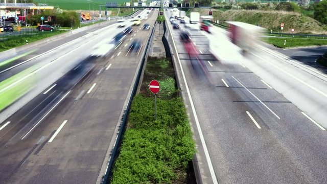 Time lapse of commuter traffic on German highway A5 - view from above