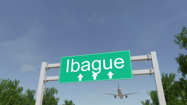 Airplane arriving to Ibague airport. Travelling to Colombia conceptual 3D rendering