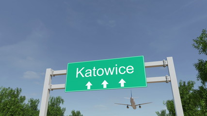 Airplane arriving to Katowice airport. Travelling to Poland conceptual 3D rendering