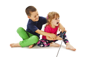 Two kids fighting. Isolated on white background 