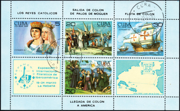 UKRAINE - CIRCA 2017: A postage stamp printed in Cuba shows scenes related to the discovery of America by Columbus, from the series International Philately Exhibition of Iberoamerica, circa 1984