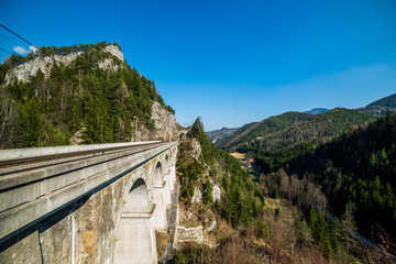 panorama of a rail bridge train viaduct krausel klause Semmering Bahn - unesco world heritage