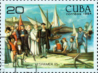UKRAINE - CIRCA 2017: A postage stamp printed in Cuba shows Departure of colon of moguer sticks,...