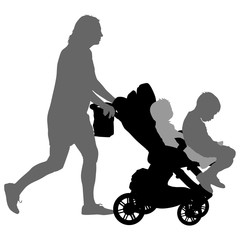 Black silhouettes Family with pram on white background. Vector illustration