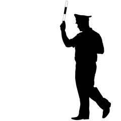 Black silhouettes of Police officer with a rod on white background