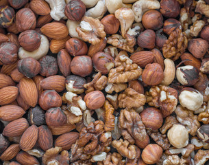 Cashew, almond, hazelnut, walnut. Background. Healthy vegetarian food texture