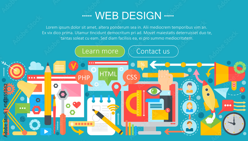 Aufkleber Web design flat concept. Programming apps infographics template header design. Vector illustration.