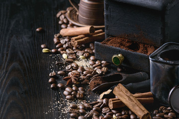 Black roasted coffee beans and grind with spices cinnamon, anise, cardamom, clove and brown sugar....