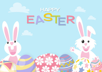 Colorful Happy Easter greeting card with rabbit, bunny and eggs