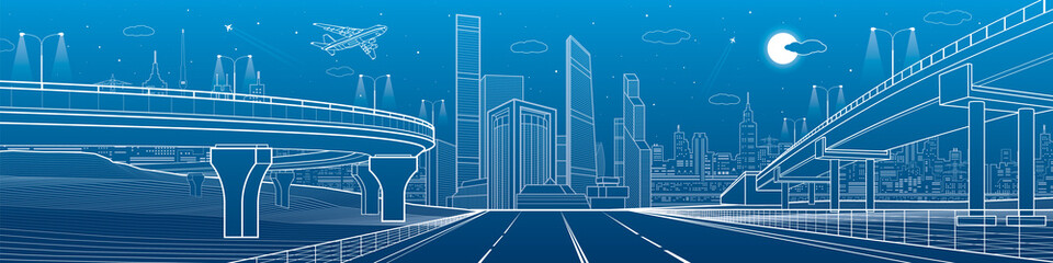 Fototapeta premium Big highway. Automobile overpasses, infrastructure and city panorama, airplane fly, night town, towers and skyscrapers, urban scene, vector design art