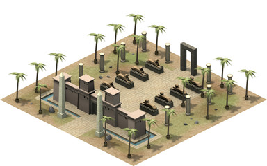 Isometric buildings of ancient Egypt, sphinx in a row. 3D rendering