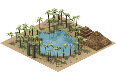 Isometric buildings of ancient Egypt, oasis and mastaba in the dessert. 3D rendering