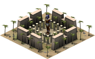 Isometric buildings of ancient Egypt, statue of god Horus. 3D rendering