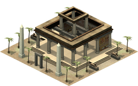 Isometric buildings of ancient Egypt, temple with pillars. 3D rendering