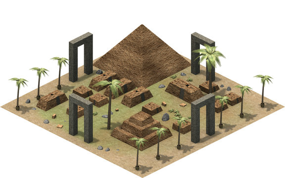Isometric buildings of ancient Egypt, pyramid and mastaba in the dessert. 3D rendering