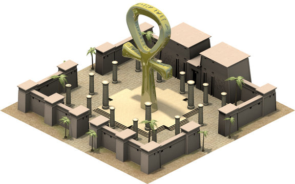 Isometric buildings of ancient Egypt, ankh symbol. 3D rendering