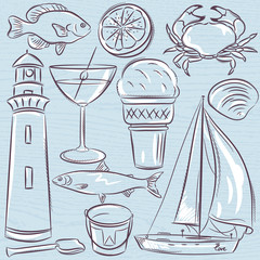 Set of  summer symbols, shells, crab, boat, cocktail, lighthouse, ice cream, bucket, fish, fruit on a blue  grunge background, vector illustration.