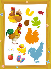 cartoon page with farm characters different animals game with shapes