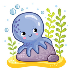 Cute octopus sits on a rock. Octopus on the seabed. Vector illustration in a children's style.
