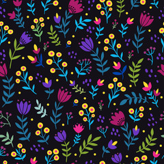 Seamless vector pattern with flowers on a black background. Texture with plants and berries. © svaga