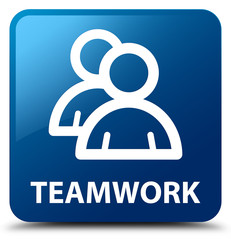 Teamwork (group icon) blue square button