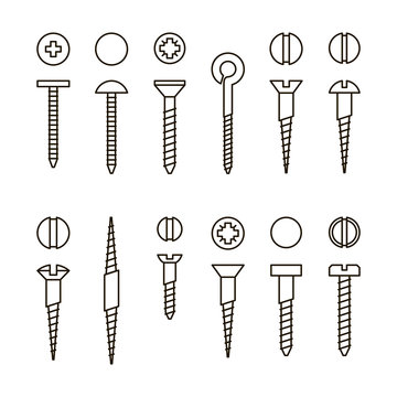 Vector screws nails and wall plugs icon collection. Nuts line set. Constructor elements illustration. Repair bolt silhouettes. Building tools symbols.