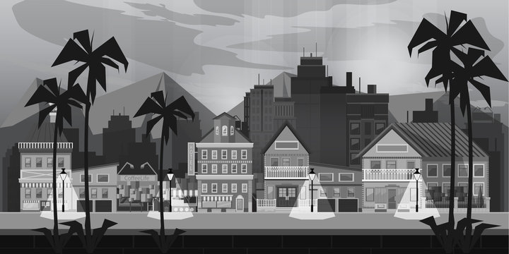 Black and white Landscape for game. Seamless cartoon . vector unending background