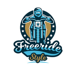 Logo, emblem of the rider riding a mountain bike. Downhill, freeride, extreme sport. Vector illustration.