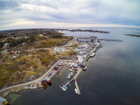 Aerial view of the Norwegian coast and fishing buildings