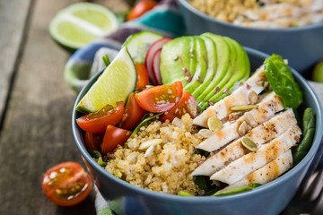 Fresh healthy salad in bowl and ingredients