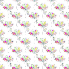 Fototapeta premium Vector seamless floral pattern Hand drawn outline decorative endless background with cute drawn flowers, decorative elements Graphic illustration. Line drawing. Print for wrapping, background, decor