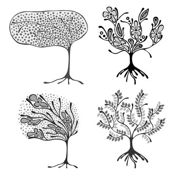 Vector set of hand drawn illustrations, decorative ornamental stylized tree. Graphic illustrations isolated on the white background. Decorative artistic ornamental hand drawing silhouette.
