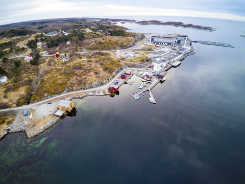 Norwegian salmon factory drone view