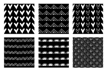 Set of seamless vector patterns. Black and white geometrical endless backgrounds with hand drawn geometric shapes, triangles, circles, dots, lines, Simple graphic design. Repeat decorative ornament.